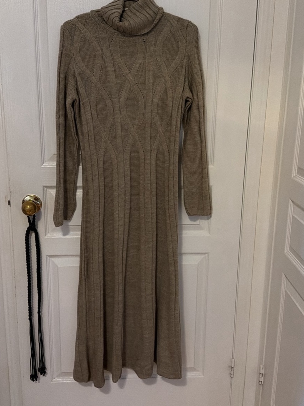 Turtleneck Cable-Knit Maxi Dress in Taupe